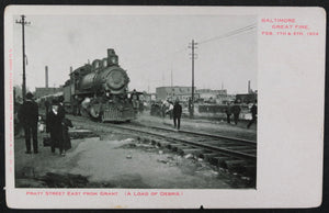 USA postcard 1904 Great Fire of Baltimore, locomotive at Pratt St.