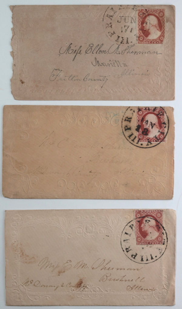 USA set of 4 pre-Civil War embossed envelopes from Prairie City IL