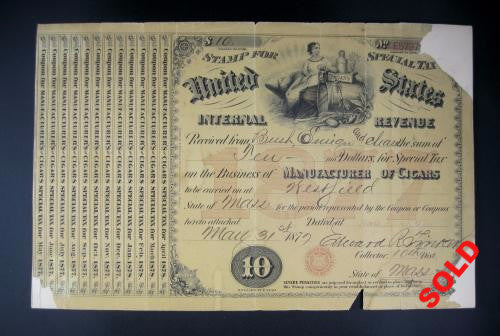 US Internal Revenue  Special Tax - Manufacturing Cigars 1879