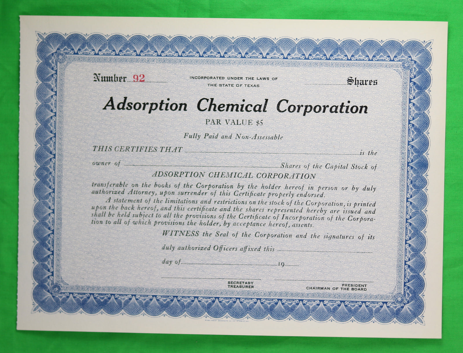 Unused stock certificate of Adsorption Chemical Corp (Texas)