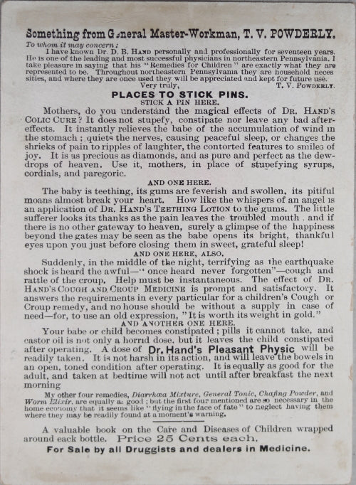 Victorian advertising card Dr. Hand’s Remedies for Children c. 1886