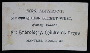 Victorian advertising card Mrs. Mahaffy Children’s Dress, Toronto