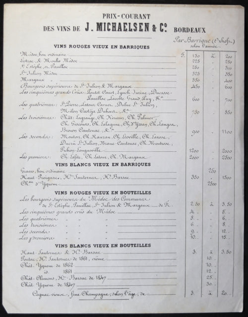 Vins J. Michaelsen & Co., Bordeaux Prix-Courant ~1865 Vins J. Michaelsen & Co., Bordeaux Prix-Courant ~1865