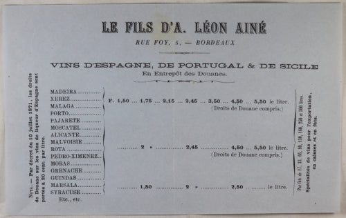 Vins Le Fils d’A. Léon Ainé Bordeaux, prix-courant ~1870s