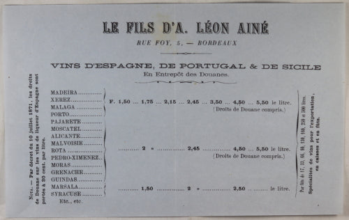 Vins Le Fils d’A. Léon Ainé Bordeaux, prix-courant ~1870s