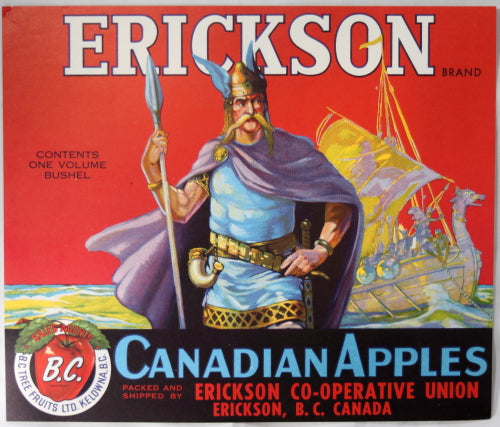 Vintage Apple Crate label for Erickson Canadian Apples, Erickson B.C