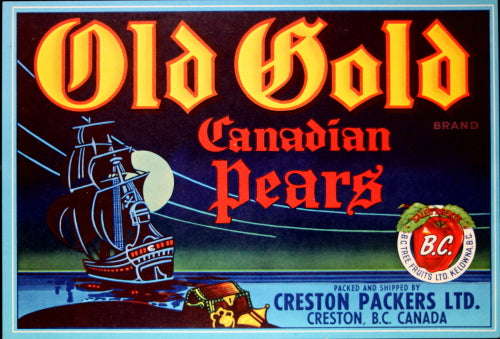 Vintage pear crate label for Old Gold Canadian Pears, Creston B.C