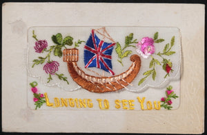 WW1-era UK patriotic silk-embroidered postcard 'Longing to See You'