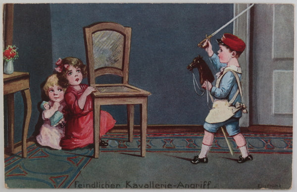 WW1-era two German postcards children playing,  illustrator Elly Frank
