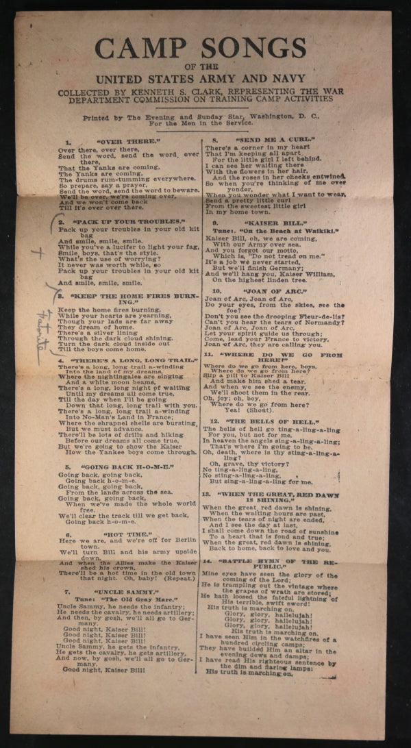 WW1 1917 USA XMAS letter soldier Camp Meade MD to PA, Camp Song sheet