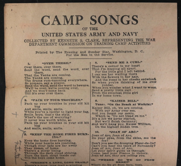 WW1 1917 USA XMAS letter soldier Camp Meade MD to PA, Camp Song sheet