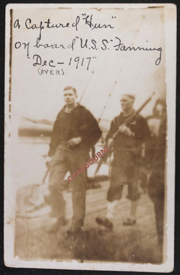 WW1 1917 photo USS Fanning surrendered German submariner from U-52