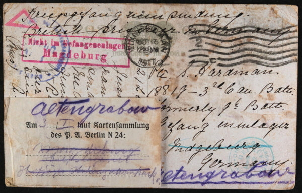 WW1 1917 postcard sent to Canadian POW in Alten Grabow Camp Germany