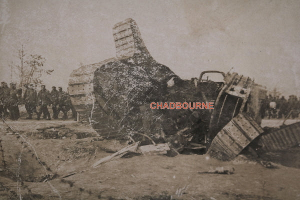 WW1 1918 France photo postcard English Mark IV tank, Champagne region
