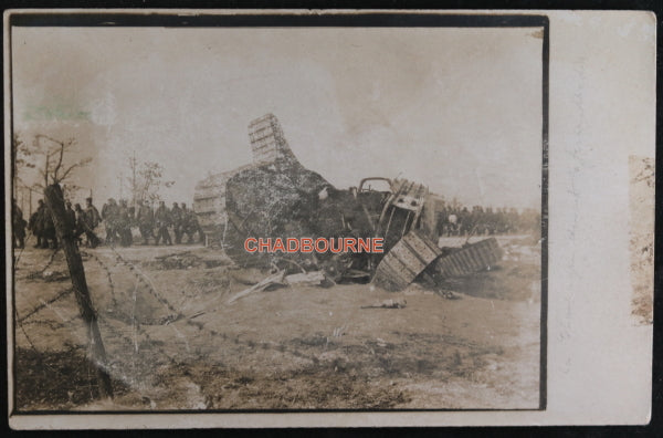 WW1 1918 France photo postcard English Mark IV tank, Champagne region