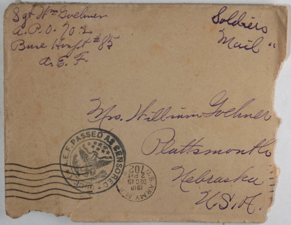 WW1 1918 letter U.S. soldier A.E.F. based in Paris, sent home Nebraska