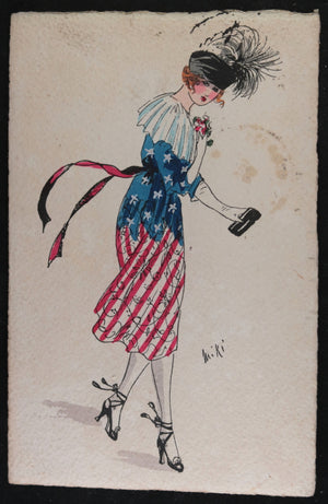 WW1 1919 Belgium patriotic lady in stars and stripes dress fashion postcard