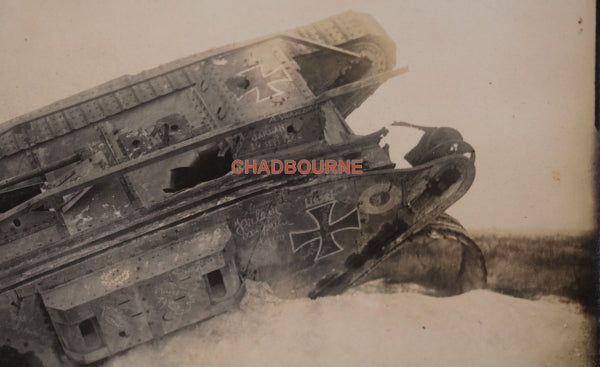 WW1 1920 photo wreck British Mark IV tank #4571, captured by Germans