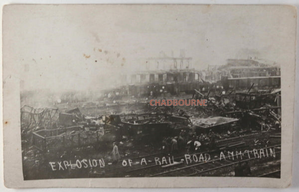 WW1 France photo postcard debris ammunition train explosion c.1918