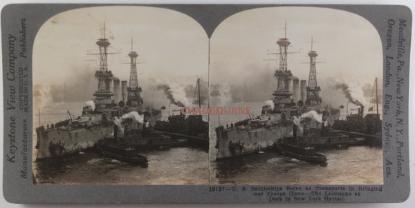 WW1 NYC stereoscopic photo troop transport USS Louisiana c.1919