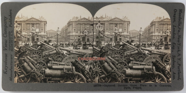 WW1 Paris stereoscopic photo captured German guns Pl. Concorde c. 1920