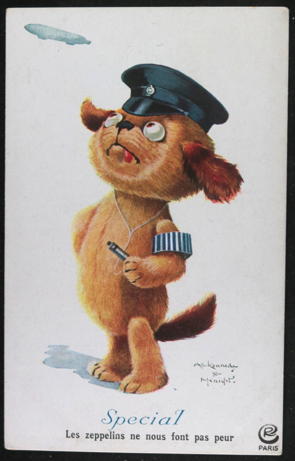 WW1 UK postcard comic dog “Zeppelins don’t scare us” (in French) WW1 UK postcard comic dog “Zeppelins don’t scare us” (in French)