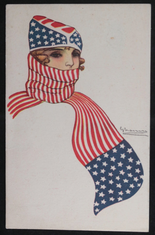 WW1 USA patriotic postcard, woman in stars and stripes c. 1917