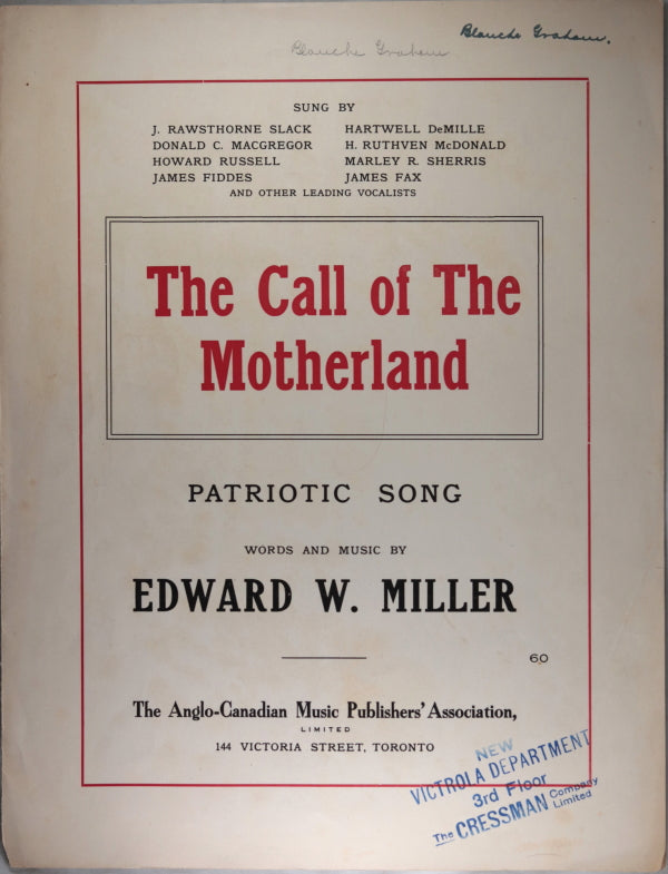 WW1 1914 Canadian patriotic music sheet ‘The Call of The Motherland’