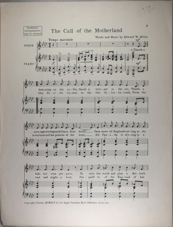 WW1 1914 Canadian patriotic music sheet ‘The Call of The Motherland’