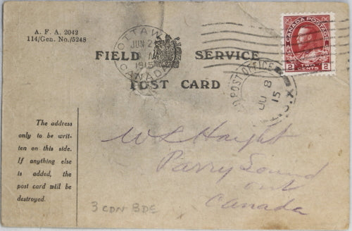 WW1 1915 Canadian Field Service card, CEF soldier to Parry Sound Ont.