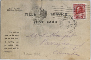 WW1 1915 Canadian Field Service card, CEF soldier to Parry Sound Ont.