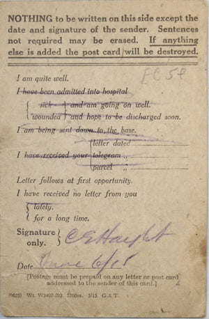 WW1 1915 Canadian Field Service card, CEF soldier to Parry Sound Ont.