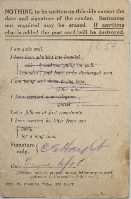 WW1 1915 Canadian Field Service card, CEF soldier to Parry Sound Ont.