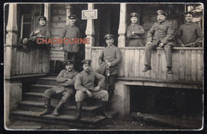 WW1 1916 photo postcard German soldiers in front of building (Russia)