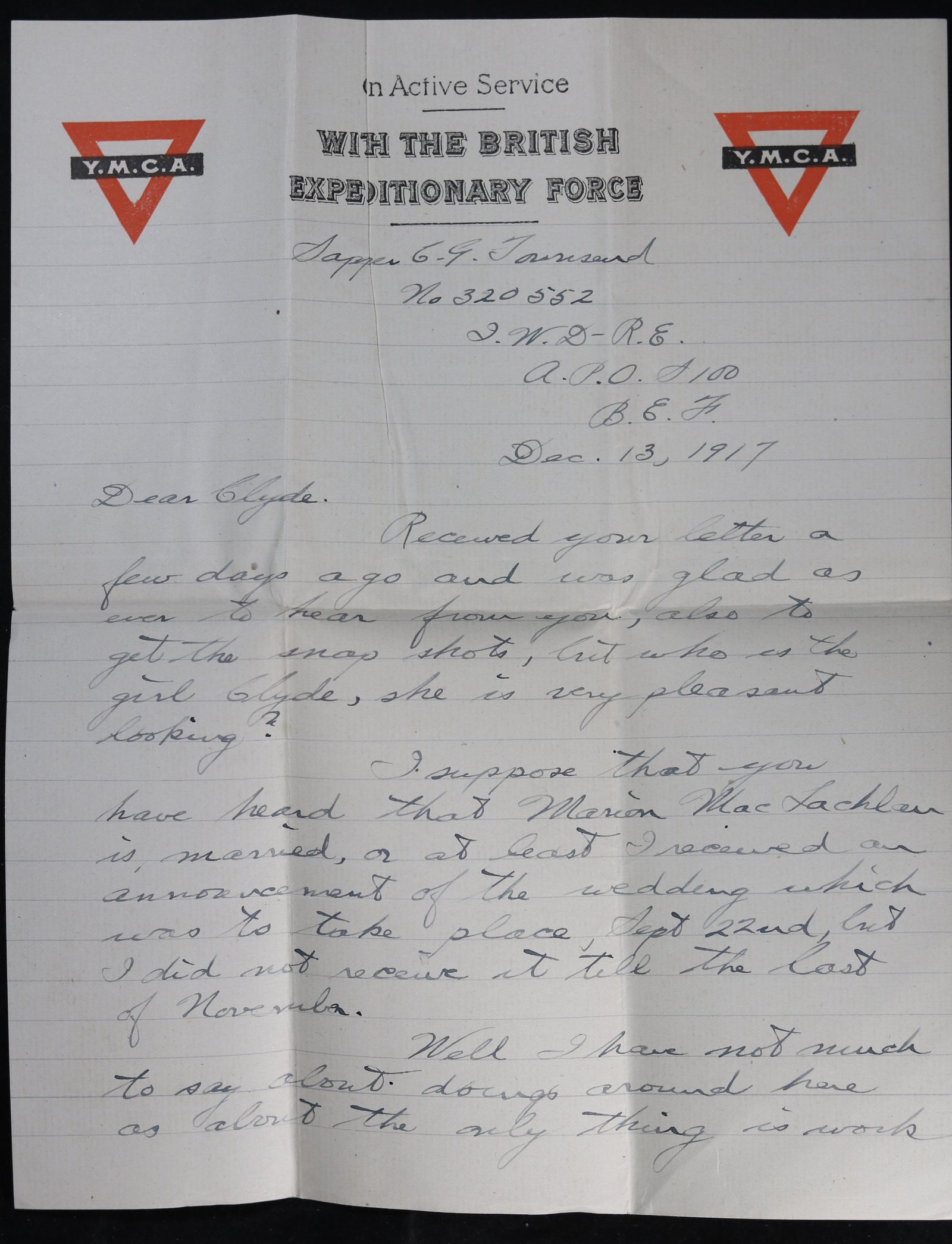WW1 1917 letter to RFC pilot in Canada from Engineer-Sapper, UK #8