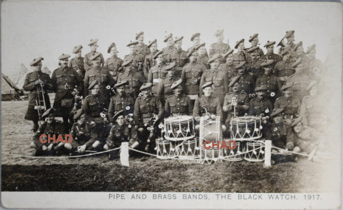 WW1 1917 photo postcard Black Watch pipe and brass band