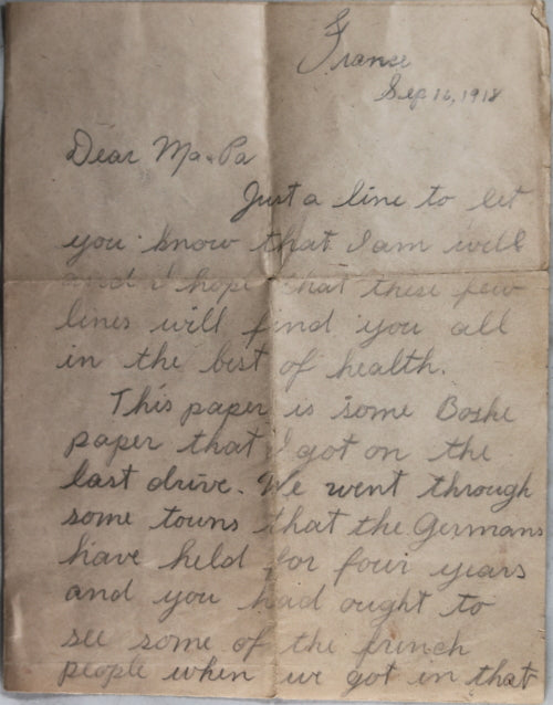 WW1 1918 France, letter American soldier in 101st Inf. to parents