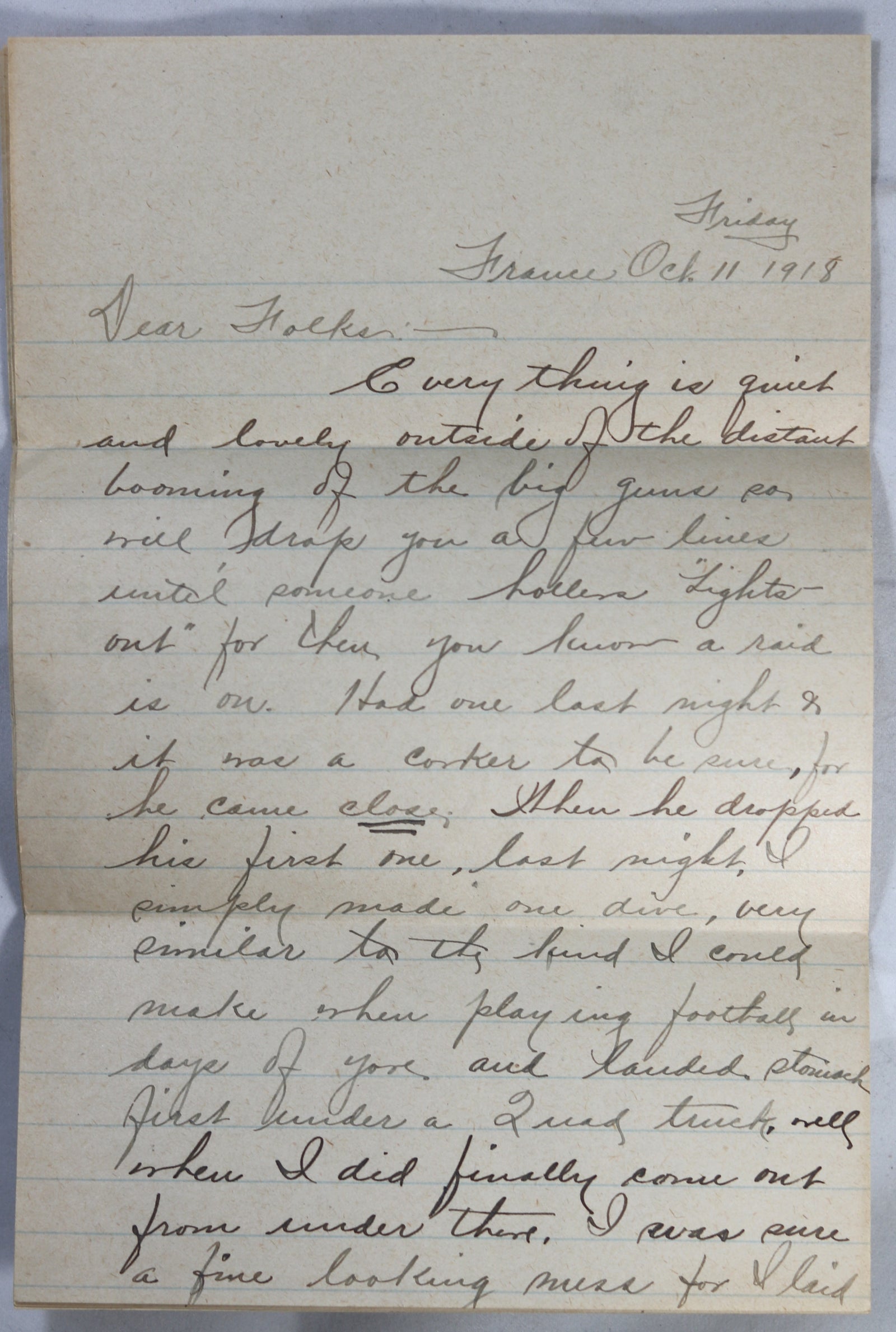 WW1 1918 letter from U.S. soldier in France describing air raid