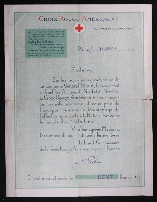 WW1 American Red Cross support for French soldiers' families 1918