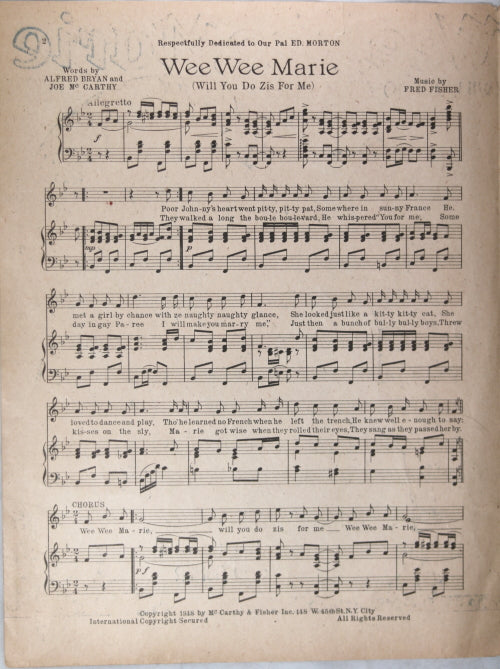 WW1 American sheet music ‘Wee,Wee, Marie’ 1918