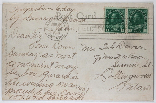 WW1 Canada CEF 157th ‘Simcoe Foresters’ Battalion postcard 1916