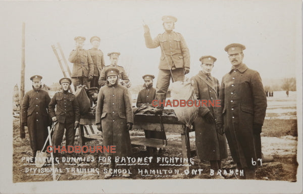 WW1 Canada photo postcard, army bayonet fighting - Hamilton Ontario