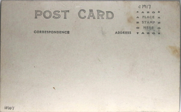 WW1 France photo postcard soldiers sitting outside cement dugout c1917