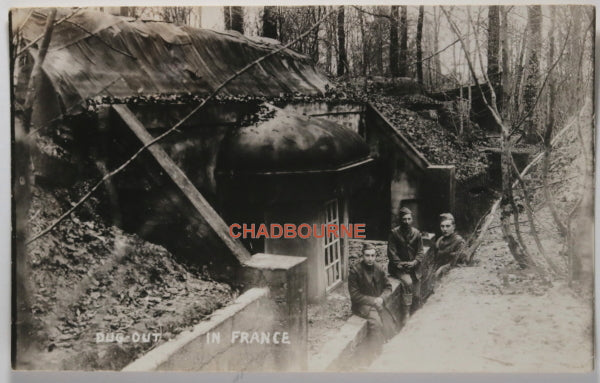 WW1 France photo postcard soldiers sitting outside cement dugout c1917