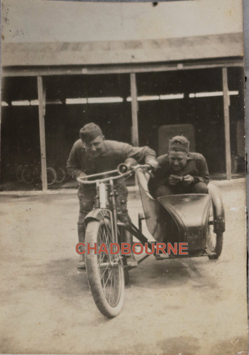 WW1 July 1918 photo of American airmen on motorcycle & sidecar