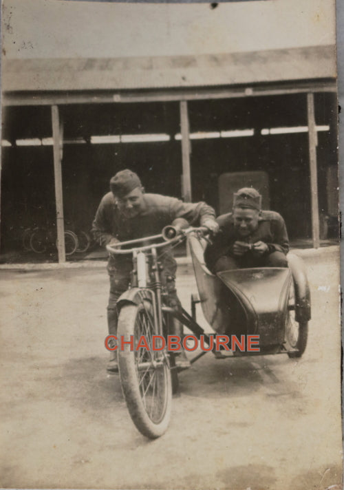 WW1 July 1918 photo of American airmen on motorcycle sidecar - Main Image