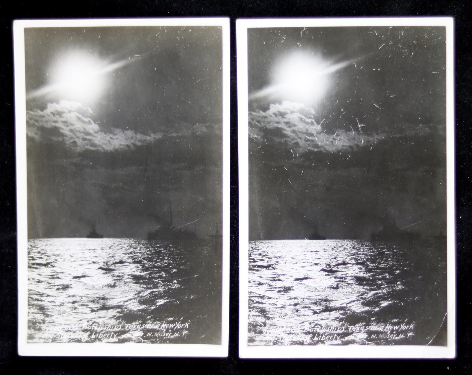 WW1 Photo postcards 'Sunset over battleships Texas and New York and Statue of Liberty' by Moser 