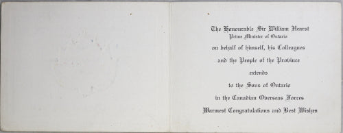 WW1 Season’s Greetings card from Ontario's Premier to overseas soldiers
