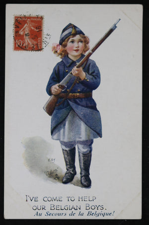 WW1 patriotic postcard ‘I’ve come to help our Belgian Boys’ @1916