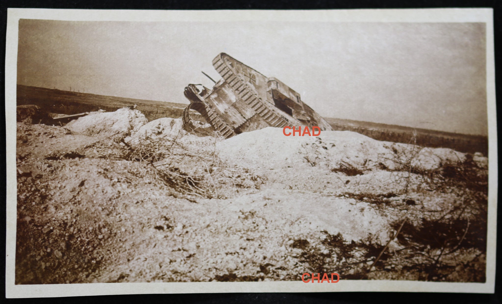 WW1 photo 1918 near Reims destroyed German tank / char allemand